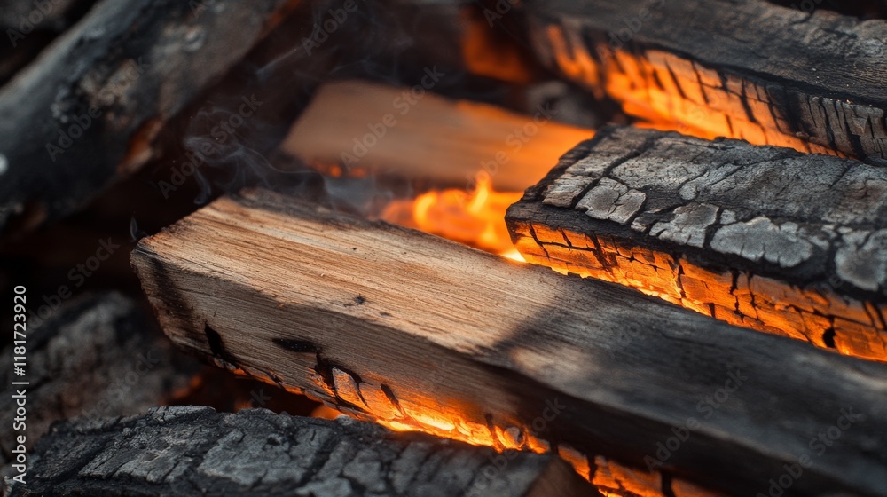 Poster close up view of burning wood logs radiating a warm glow, creating a cozy ambiance and providing com