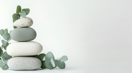 Levitation of massage stones and eucalyptus leaves on a white background, illustrating the theme of...