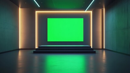 Fototapeta premium A modern stage with a green screen and ambient lighting, suitable for presentations or performances.
