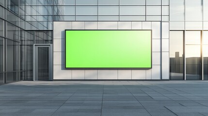 A modern building facade featuring a large green screen for advertisements or displays.