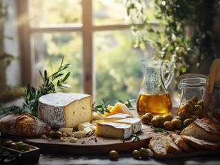 Savour the Rustic Charm A Mediterranean Cheese and Olive Platter with Artisanal Bread, showcasing the vibrant colors and textures of this delicious and healthy food culture Experience the authentic