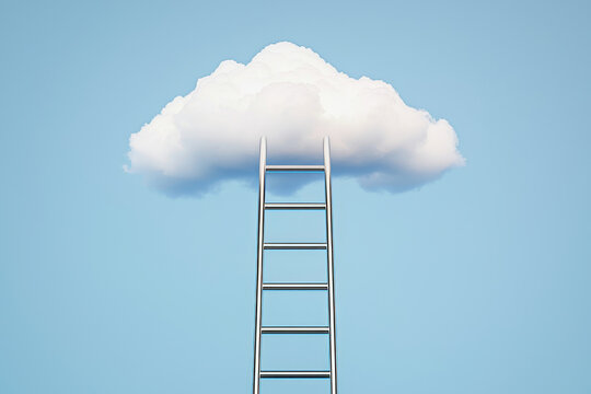 A creative ladder leading to a fluffy cloud in a clear blue sky.