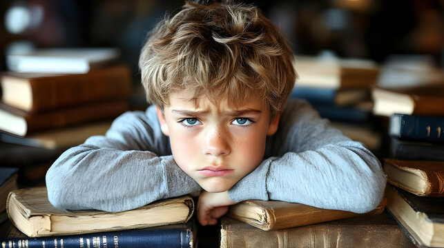 Child Rests on Books, Exploring Literature Quietly and Thoughtfully