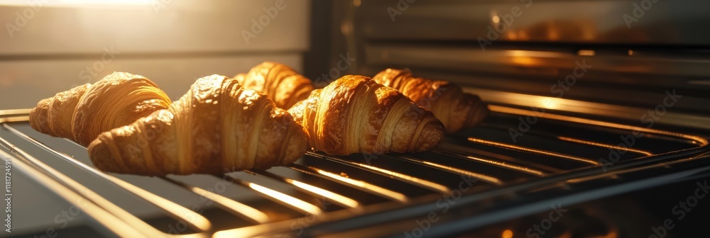 Poster golden brown croissants rest on a metal rack inside a convection oven, emitting a warm glow as they 