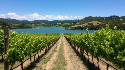 Naklejka premium Grapes from vineyards are rich in antioxidants. Vineyard landscape overlooking a serene lake and rolling hills.