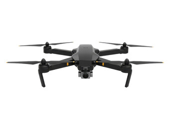 A modern black drone with camera and extended propellers, isolated on a white background