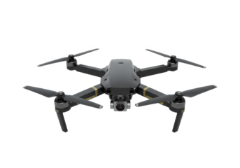 A modern black drone with camera and extended propellers, isolated on a white background