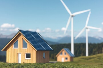 Obraz premium Renewable energy adoption concept. Sustainable homes with solar panels and wind turbines in a scenic landscape.