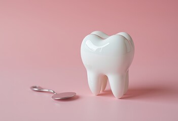 Dental tool next to tooth model on pink background