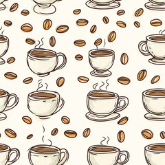 Obraz premium Seamless pattern of steaming coffee cups and coffee beans on light background
