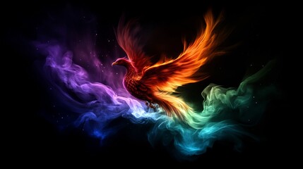 Fototapeta premium Fiery Phoenix Bird in Colorful Smoke and Nebula