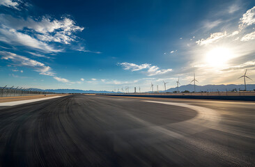 empty highway and wind turbines at sunset