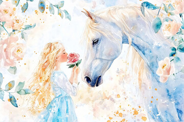 Watercolor illustration of little girl in blue dress sharing roses with bay horse