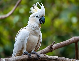 A close-up of a cockatoo perched on a branch shows its colorful plumage and expressive gaze.