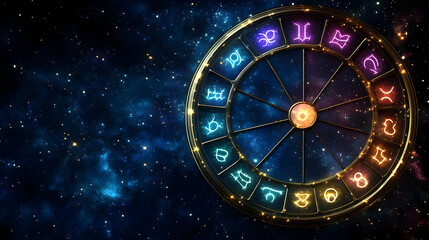 Obraz premium Zodiac Wheel Rotates in the Cosmic Sky: Astrology, Horoscope, Zodiac Signs