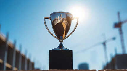 Minimalist trophy on construction site, symbolizing achievement and success