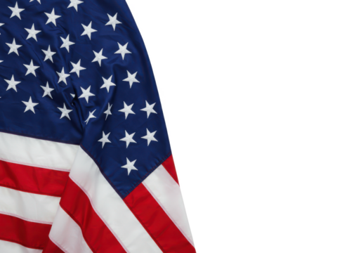 A rippling American flag with stars and stripes draped partially, isolated on a white background
