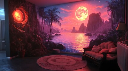 Serene Volcanic Island Sunset Mural Room Decor