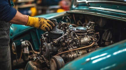 Fototapeta premium A vintage car engine mounted in a hot rod being showcased at a retro car rally.