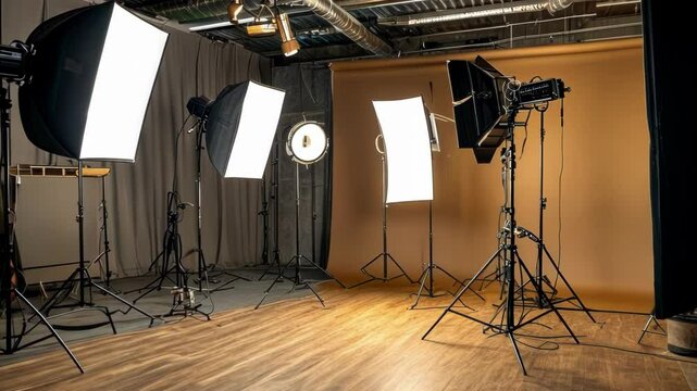 A professional photography studio setup with multiple softbox lights