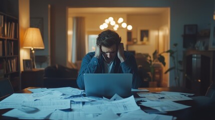 A stressed individual surrounded by paperwork, struggling with financial issues at a desk.