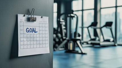A motivational goal chart displayed in a gym setting for fitness enthusiasts.