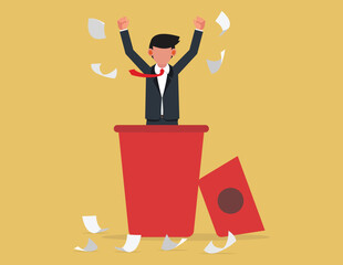 Positive vibe victory, freedom concept. Businessman emerges from a trash can