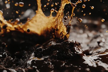 Beautiful droplets of coffee splash gracefully in a dark, rich pool at a cozy cafe