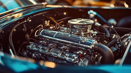 Fototapeta premium A vintage car engine under the hood of a classic sports car, with a focus on the engine block. --ar 16:9 --v 6.1 Job ID: 5bec59d5-12dc-461d-a232-ce9a9e536d16
