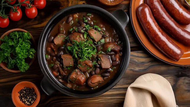 Rustic pot of black bean stew with sausage, fresh herbs, and vibrant tomatoes on a wooden table