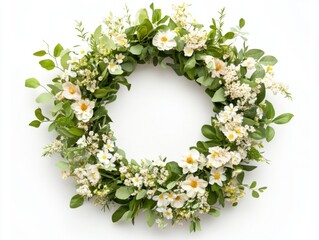 Beautiful floral wreath made of greenery and white flowers for home decoration and events
