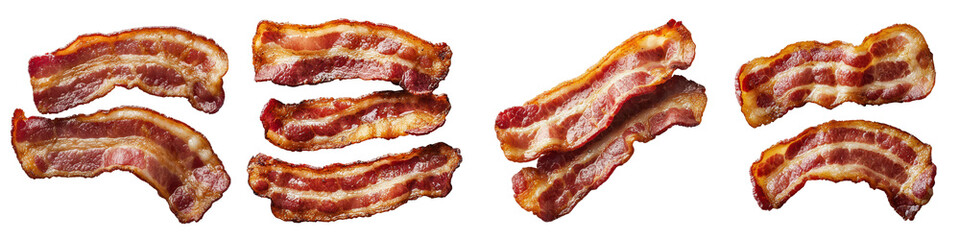 Assorted Crispy Bacon Strips Arranged on a White Background  Delicious Gourmet Food Ingredient for Breakfast Brunch or Snack