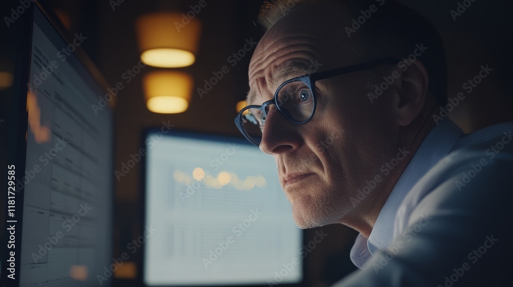 Poster a focused individual working intently at a computer screen in a dimly lit environment.