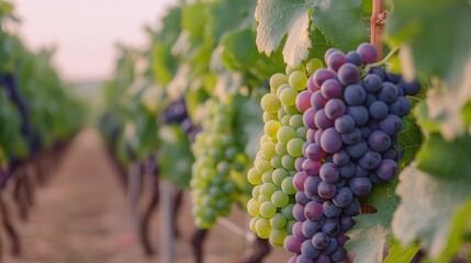 Naklejka premium Grapes from vineyards are rich in antioxidants. Vineyard grapes in varying colors on lush green vines.