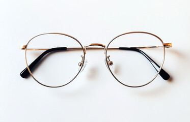 Stylish round metal glasses placed on a clean white surface showcasing unique design and craftsmanship
