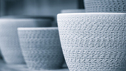 Empty garden pots in a row close up