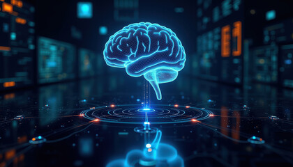 Digital brain hologram in futuristic cybersecurity environment.