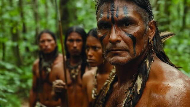 Indigenous South American Tribe Standing United in a Dense Rainforest Environment