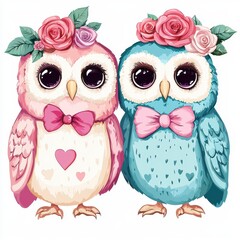 Fototapeta premium Adorable Pink and Blue Baby Owls with Rose Flower Crowns and Bows