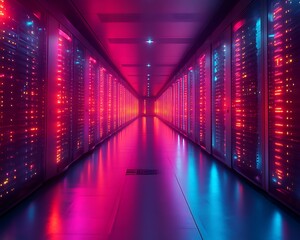 Fototapeta premium Neon-lit server room corridor. (1)
