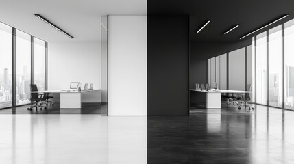 Fototapeta premium Modern office space split into contrasting black and white environments.