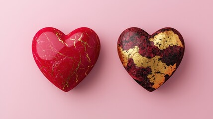 Fototapeta premium Two Elegant Red and Maroon Hearts with Gold Accents on Pink Background Valentine s Day Concept