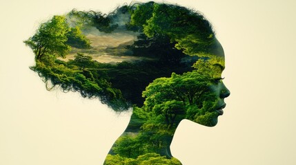 "Artistic Double Exposure Portrait: Forest Landscape Merged with Female Face"