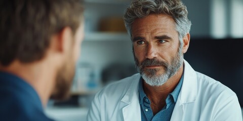 Doctor, male patient and conversation in an office for medical exam results or consultation in a hospital. Confident, man and serious discussion about health, insurance or treatment, Generative AI