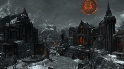 Dark Fantasy Cityscape Snowy Mountains Blood Moon
