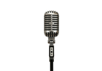 A vintage-style microphone with a polished metallic finish, mounted on a stand, isolated on a white...