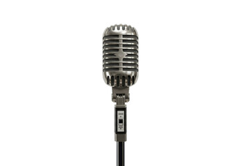 Fototapeta premium A vintage-style microphone with a polished metallic finish, mounted on a stand, isolated on a white background