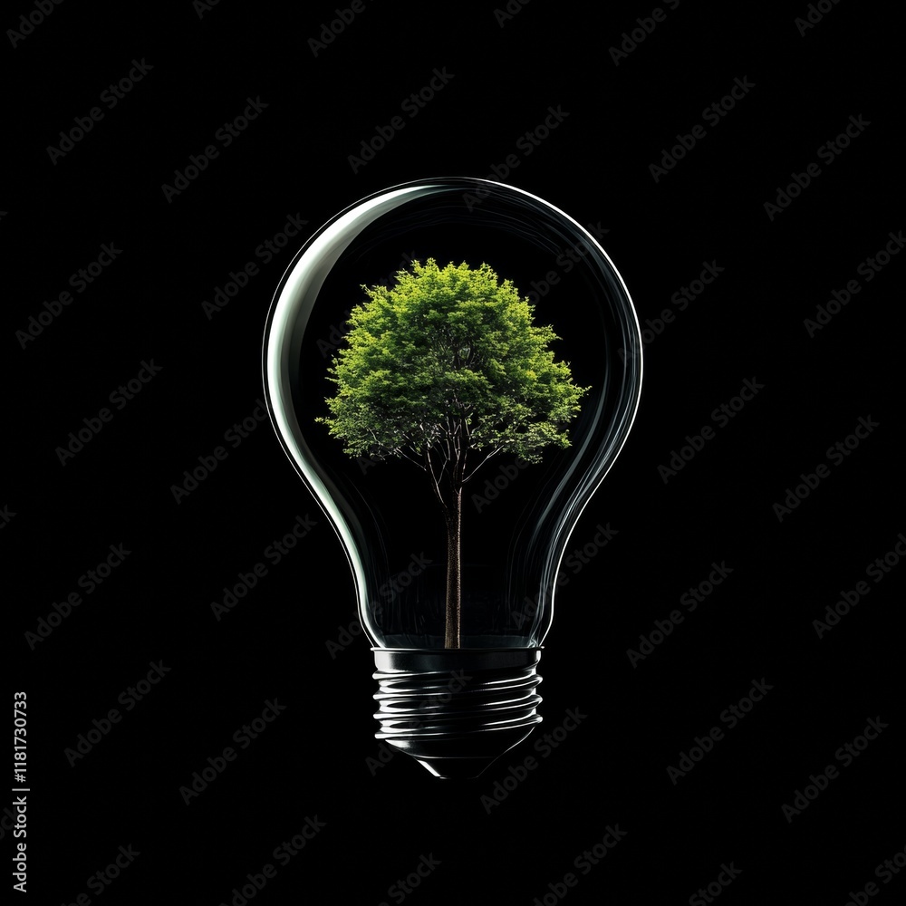 Poster a green tree grows inside a lightbulb