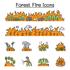 Wildfire, forest fire icon set in thin line style
