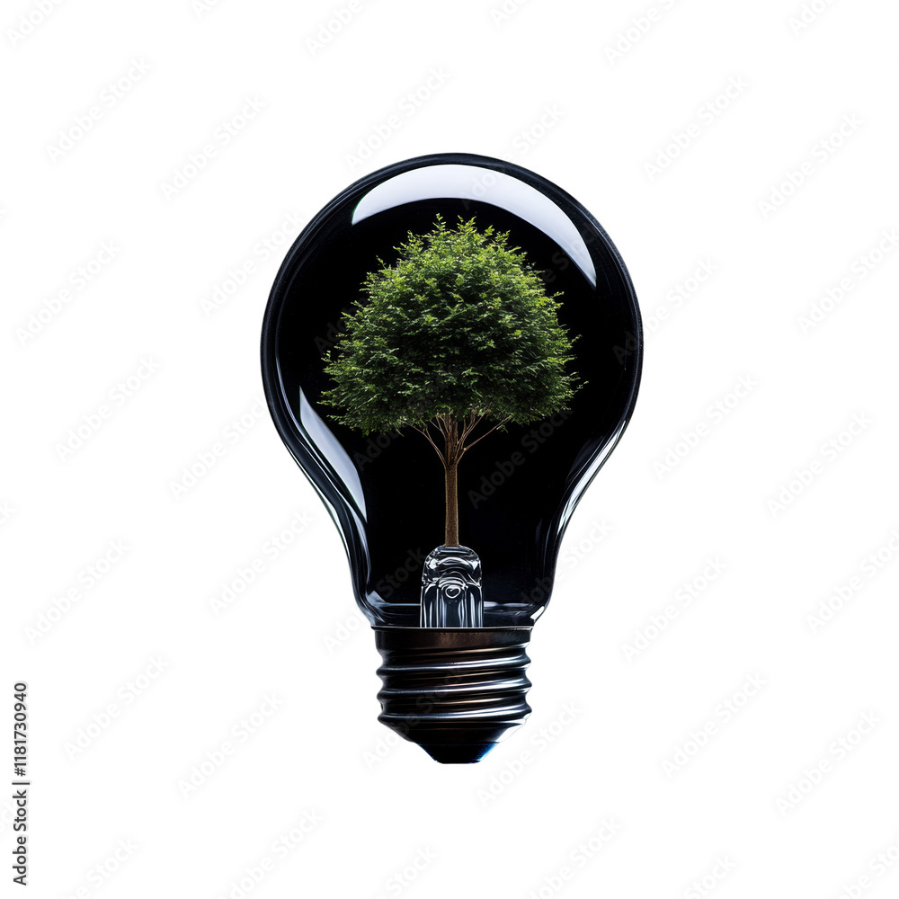 Poster a small green tree is enclosed inside a clear light bulb against a black background symbolizing rene